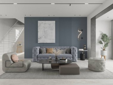 Mock up stylish living room with a chic backdrop behind the comfortable sofa, 3d rendering.