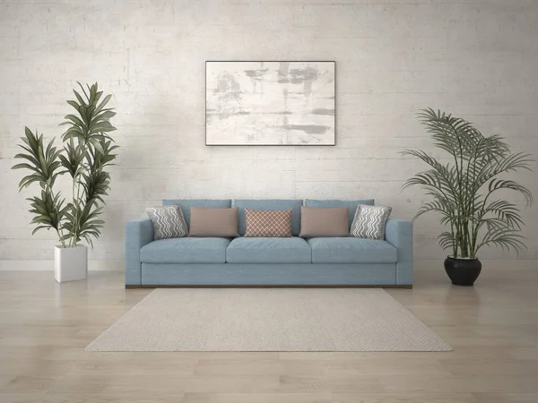 広い快適なソファと軽い装飾石膏で広々としたリビングルームをモックアップ 3Dレンダリング ロイヤリティフリーのストック画像
