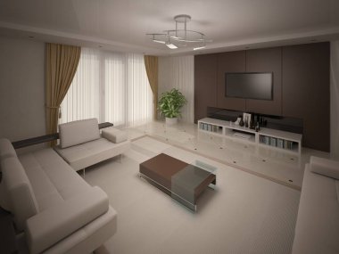 Rahat hafif mobilyaları olan modern oturma odası ve mükemmel stil arkaplanı, 3D görüntüleme..