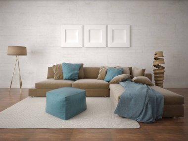 Geniş bir köşe kanepesi ve mükemmel bir hipster arka planı olan mükemmel bir oturma odası hazırla..