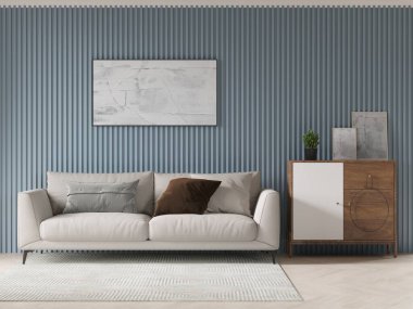 Moda koltuğu ve orjinal ışıklandırma arkaplanı olan şık bir oturma odasının modelini yapın..