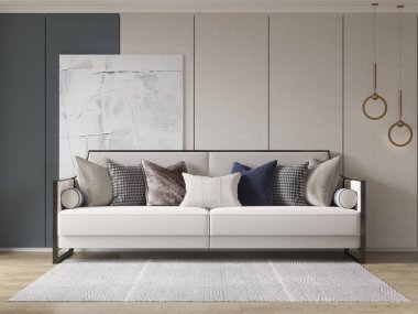 İdeal geniş bir oturma odası, geniş, rahat bir kanepe ve modern bir arka plan, 3 boyutlu görüntüleme..