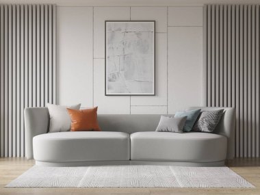 Şık, rahat bir koltuğu ve dekoratif arka planı olan, 3D bir oturma odası..