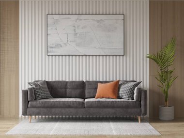 Şık, şık bir oturma odası, şık bir kanepe ve ilginç bir arka planı var..