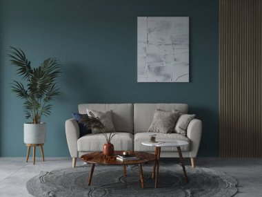 Şık bir oturma odası, rahat, modern bir kanepe ve zarif dekoratif bir arka plan, 3 boyutlu görüntüleme..