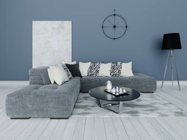 Rahat bir köşe koltuğu ve modaya uygun dekoratif arka planı olan modern bir oturma odası yap..