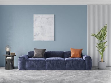 Orijinal konforlu kanepesi ve ilginç dekoratif arka planı olan, 3 boyutlu, parlak bir oturma odası..