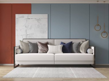 Havalı, rahat bir kanepesi ve modaya uygun dekoratif arka planı olan, 3D işlemeli, geniş, şık bir oturma odası..