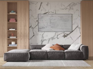 Şık, rahat bir koltuğu ve modaya uygun dekoratif arka planı olan, 3 boyutlu mükemmel bir oturma odası..