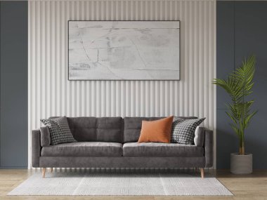 Modern bir oturma odasının maketi yaratıcı rahat bir kanepe ve modaya uygun dekoratif arka plan, 3 boyutlu canlandırma..