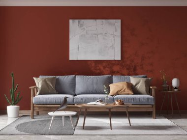 Mükemmel ferah bir oturma odası, modaya uygun klasik bir kanepe ve dekoratif bir arka plan, 3 boyutlu tasarım..