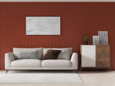 Moda tarzı bir oturma odası, şık bir kanepe ve yaratıcı bir dekoratif arka plan, 3 boyutlu görüntüleme..