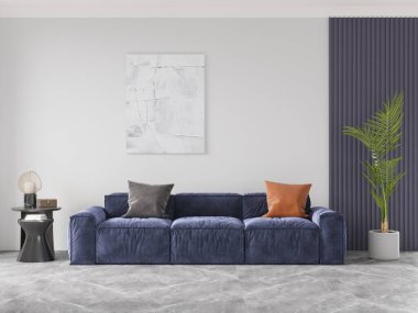 Parlak bir oturma odası, şık rahat bir kanepe ve modaya uygun dekoratif bir arka plan, 3 boyutlu görüntüleme..