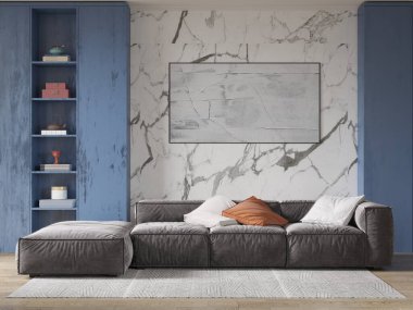 Şık bir oturma odası, rahat, modaya uygun bir kanepe ve havalı dekoratif bir arka plan, 3 boyutlu görüntüleme..