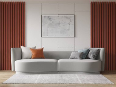 Geniş, şık bir koltuğu ve modaya uygun dekoratif arka planı olan 3D bir oturma odasıyla alay etmek..