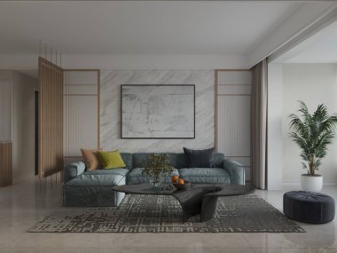 Rahat bir köşe koltuğu ve modaya uygun dekoratif arka planı olan bir oturma odası yap..