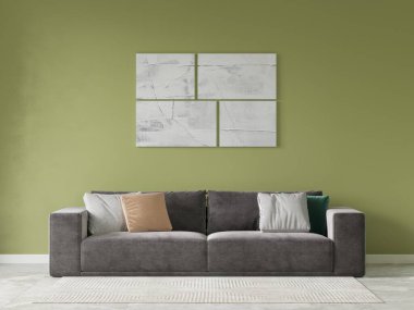 Şık bir oturma odası, orijinal rahat bir kanepe ve modaya uygun dekoratif bir arka plan, 3 boyutlu görüntüleme..