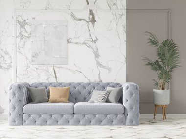 Havalı bir oturma odasının modaya uygun bir tasarımı, şık bir koltuğu ve orijinal dekoratif bir arka planı var..