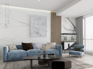 Parlak bir oturma odası, rahat bir kanepe, modaya uygun dekoratif bir arka plan, 3 boyutlu görüntüleme..