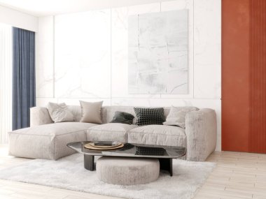 Parlak bir oturma odası, rahat bir kanepe ve modaya uygun dekoratif bir arka plan, 3 boyutlu görüntüleme..