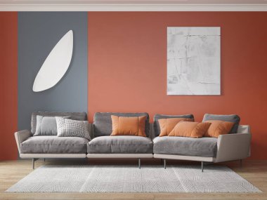 Geniş, rahat bir koltuğu ve modaya uygun dekoratif bir arka planı olan 3D bir oturma odası..