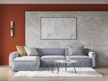 Harika bir oturma odası, rahat bir köşe kanepesi ve modaya uygun dekoratif bir arka planı var..