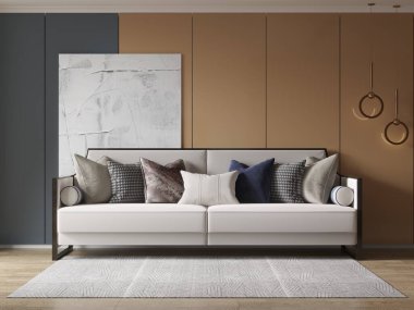 Mükemmel bir oturma odası, hafif rahat bir kanepe ve özel dekoratif bir arka plan, 3 boyutlu canlandırma..