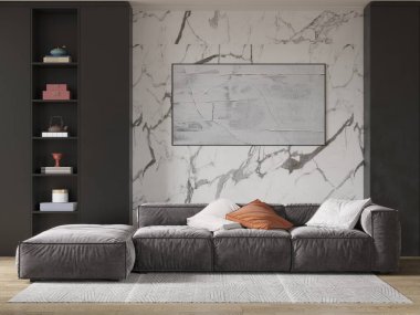 Modayı takip eden rahat bir koltuğu ve dekoratif arka planı olan 3 boyutlu bir oturma odası..