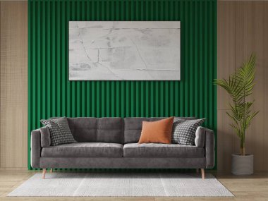 Modern bir oturma odası, zarif rahat bir kanepe ve modaya uygun dekoratif bir arka plan, 3 boyutlu görüntüleme..