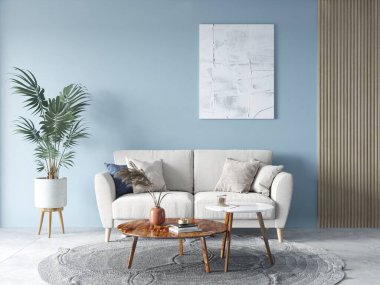 İdeal bir oturma odası, kompakt konforlu bir kanepe ve dekoratif bir arka plan, 3 boyutlu görüntüleme..