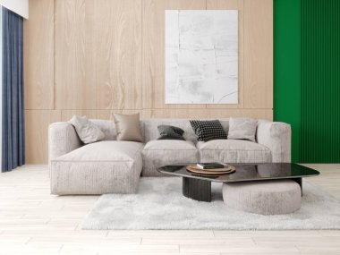 Konforlu bir köşe koltuğu ve modaya uygun dekoratif arka planı olan muhteşem bir oturma odası..