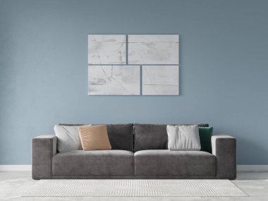 Gri rahat kanepesi ve ilginç dekoratif arka planı olan, 3D işlemeli şık bir oturma odası..