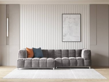 Modern bir oturma odası, şık rahat bir kanepe ve orjinal dekoratif bir arka plan, 3 boyutlu görüntüleme..