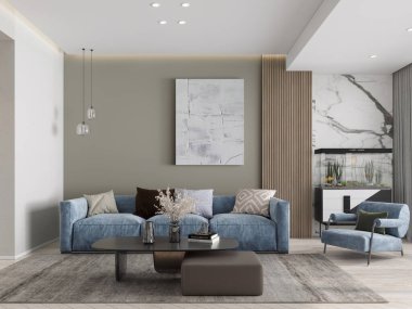 Rahat bir köşe koltuğu ve orijinal dekoratif arka planı olan 3D bir oturma odası yap..