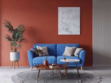 Parlak bir oturma odası, modaya uygun konforlu bir kanepe ve dekoratif bir arka plan, 3 boyutlu görüntüleme..