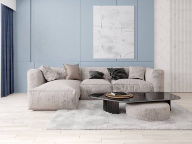 Parlak bir oturma odası, rahat bir kanepe ve modaya uygun dekoratif bir arka plan, 3 boyutlu görüntüleme..