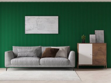 Modern bir oturma odası, rahat bir kanepe ve dekoratif bir arka plan, 3 boyutlu canlandırma..