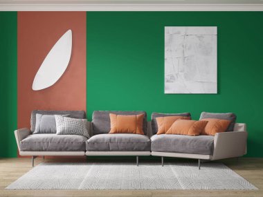 Geniş, rahat bir koltuğu ve modaya uygun dekoratif bir arka planı olan 3D bir oturma odası..