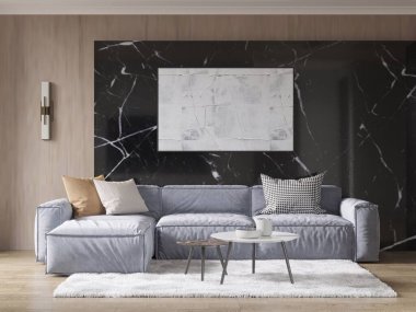 Harika bir oturma odası, rahat bir köşe kanepesi ve modaya uygun dekoratif bir arka planı var..