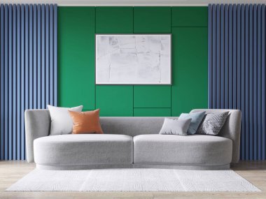 Mükemmel konforlu kanepesi ve dekoratif arka planı olan modern bir oturma odası tasarla..