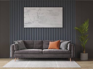 Modern bir oturma odası, zarif rahat bir kanepe ve modaya uygun dekoratif bir arka plan, 3 boyutlu görüntüleme..