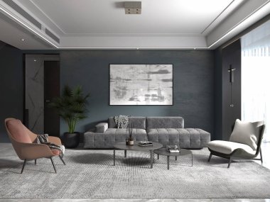 Modern bir oturma odasının modayla süslenmiş geniş bir kanepesi ve modaya uygun dekoratif arka planı var..