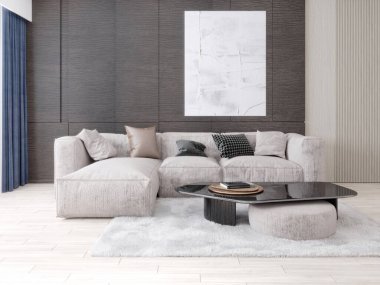 Konforlu bir köşe koltuğu ve modaya uygun dekoratif arka planı olan muhteşem bir oturma odası..