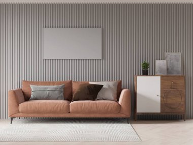 Modern bir oturma odası, rahat bir kanepe ve dekoratif bir arka plan, 3 boyutlu canlandırma..