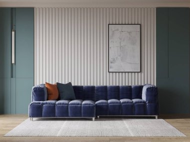 Modern bir oturma odası, şık rahat bir kanepe ve orjinal dekoratif bir arka plan, 3 boyutlu görüntüleme..