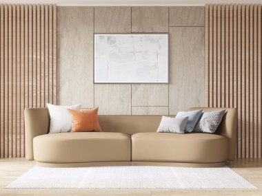 Geniş, şık bir koltuğu ve modaya uygun dekoratif arka planı olan 3D bir oturma odasıyla alay etmek..