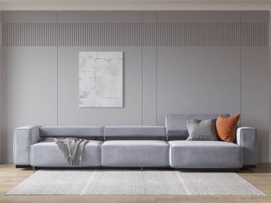 Rahat kadife koltuğu ve dekoratif arka planı olan rahat bir oturma odasıyla alay etmek..