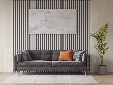 Modern bir oturma odası, zarif rahat bir kanepe ve modaya uygun dekoratif bir arka plan, 3 boyutlu görüntüleme..