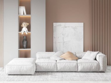 Şık, geniş bir oturma odası, modaya uygun büyük bir kanepe ve modern tarz bir arka plan, 3D görüntüleme..
