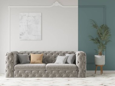 Parlak, ferah bir oturma odası, orjinal rahat bir kanepe ve dekoratif bir arka plan, 3D görüntüleme..